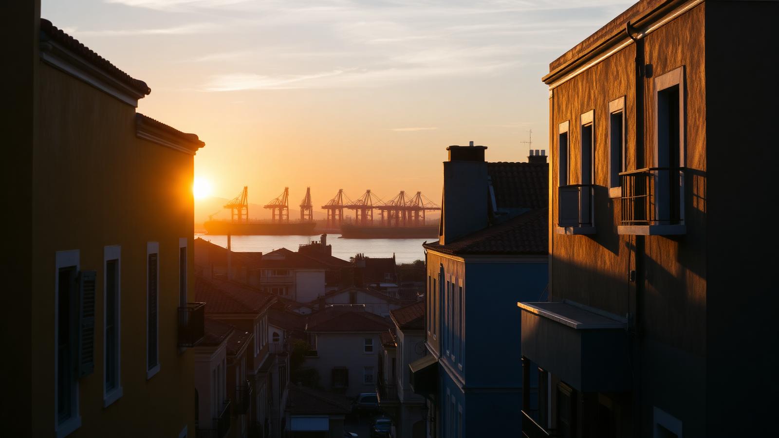 Colourful colonial Brazilian houses at sunrise with port cranes visible in the distance.