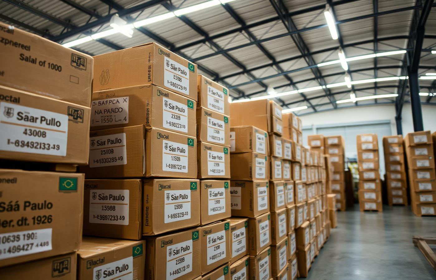Stacked international cardboard cartons with São Paulo destination labels in a Brazilian customs depot.