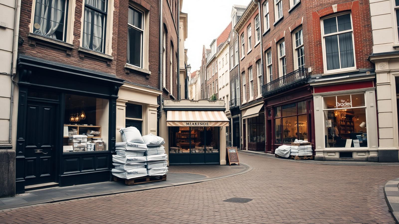 European cobblestone street with vintage boutique shopfronts and parcels stacked outside a small shop.