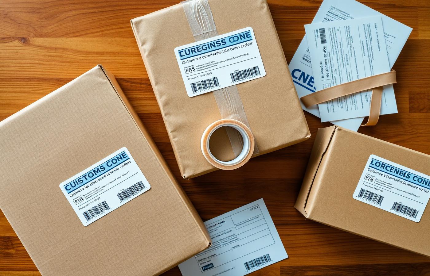 Overhead view of parcels with EU customs stickers and CN22 declaration forms on a wooden table.