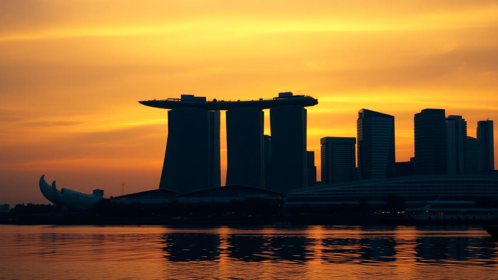 Singapore skyline at dusk with Marina Bay Sands silhouetted against an amber sky.