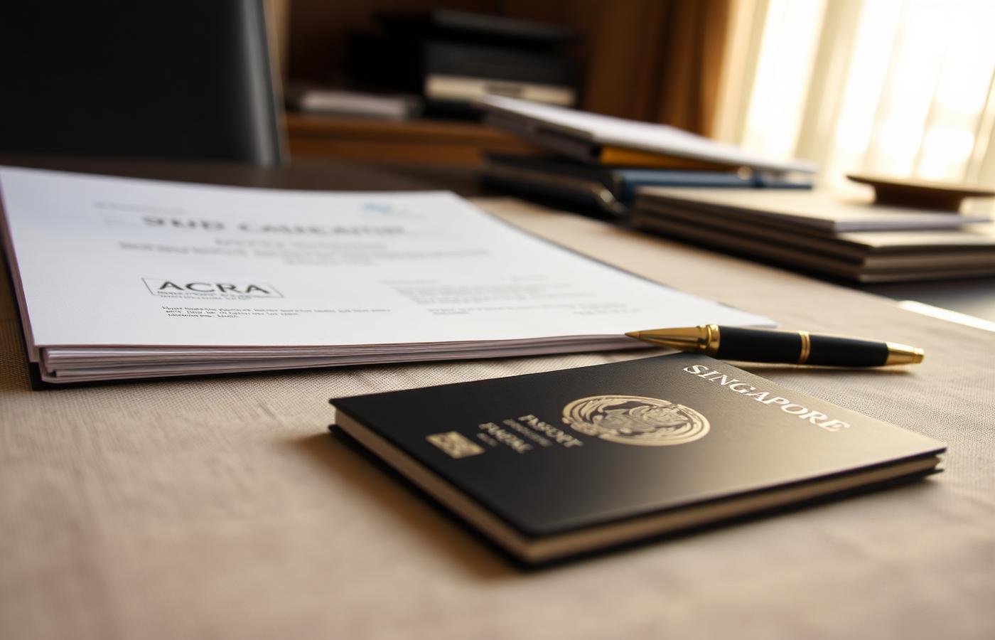 ACRA incorporation paperwork, fountain pen and a Singapore passport on a linen desk.
