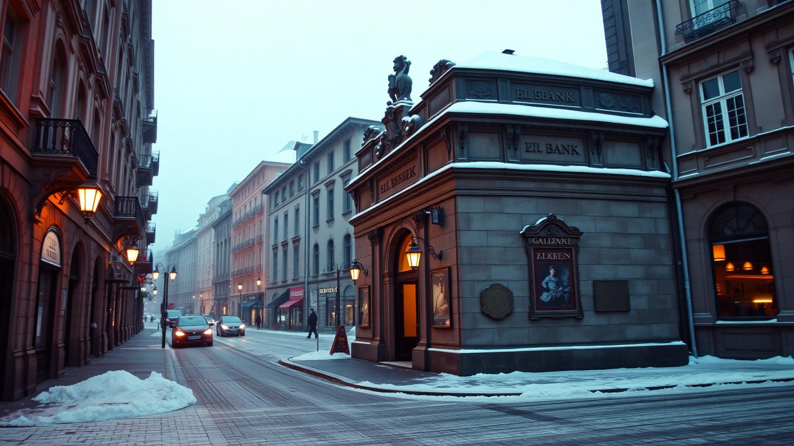 Snowy Zurich street at dawn with an ornate stone bank facade.