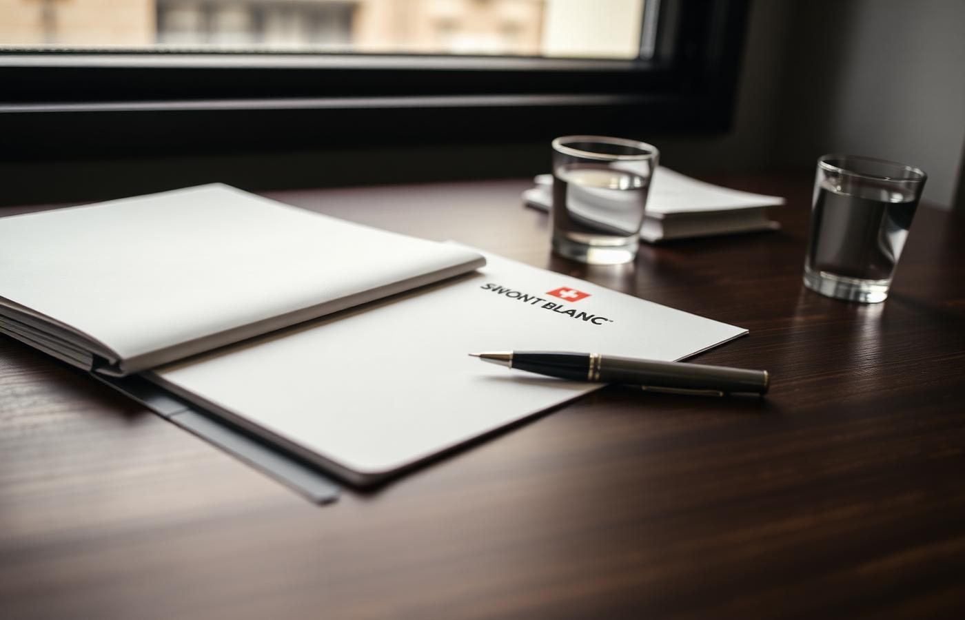 Open notebook and fountain pen on a dark walnut desk near a Zurich window.