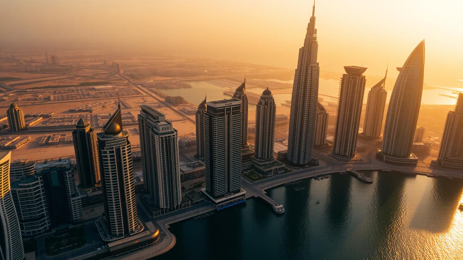 Aerial view of Dubai Marina skyscrapers at golden hour.