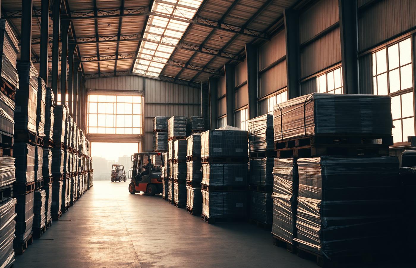 Inside a Dubai warehouse with neatly stacked pallets and a forklift in the background.