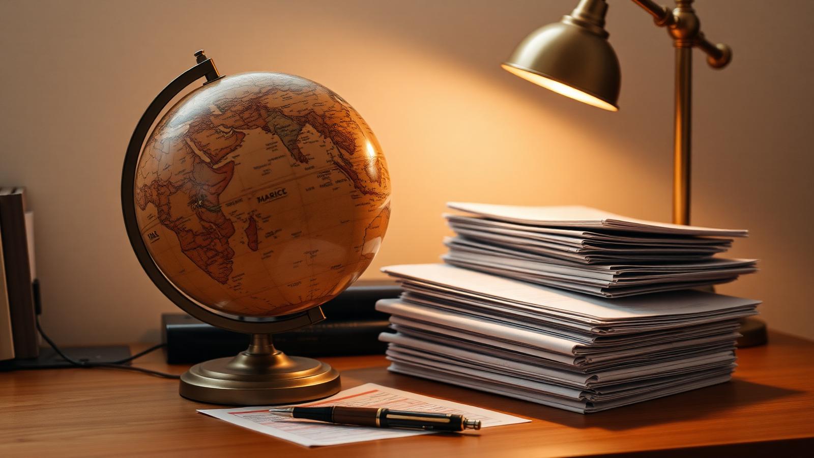 Vintage globe and stack of international tax documents on a wooden desk lit by a brass lamp.