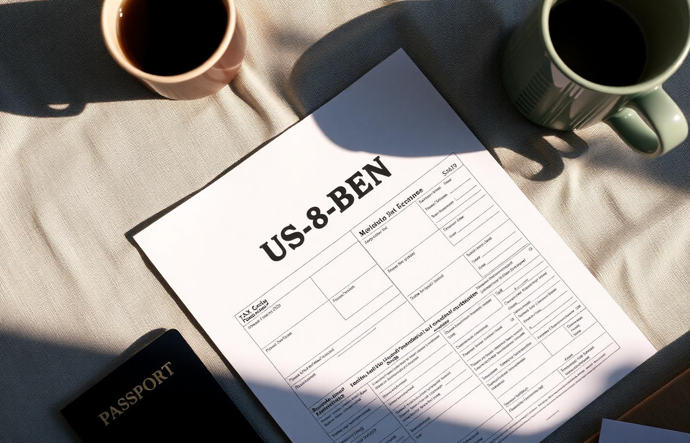 Overhead view of a W-8BEN form, a passport and a coffee cup on a linen surface.